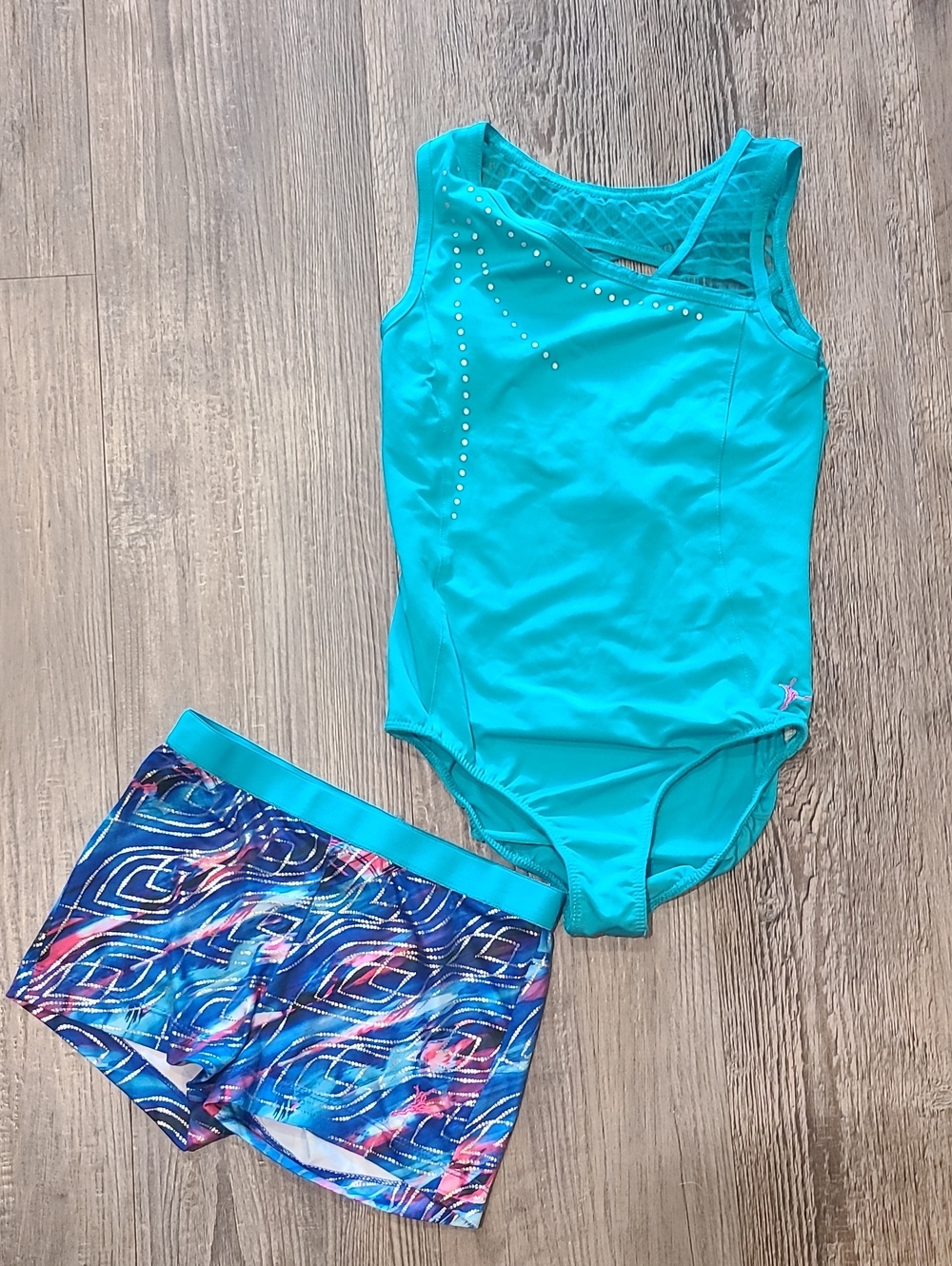Futuee Stars Girls Teal Gymnastics Leotard with Mesh Accent & Matching Shorts